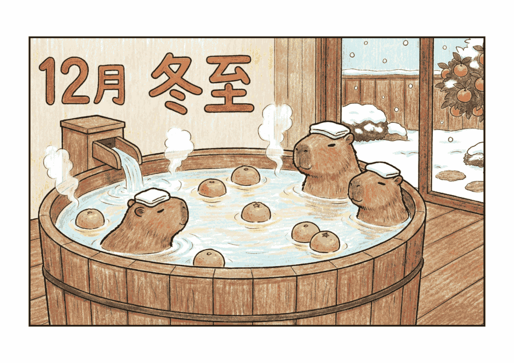冬至の塗り絵イラスト｜無料ダウンロード｜カピバラとゆず湯のフリー画像素材｜高齢者向け