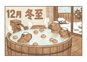 冬至の塗り絵イラスト｜無料ダウンロード｜カピバラとゆず湯のフリー画像素材｜高齢者向け
