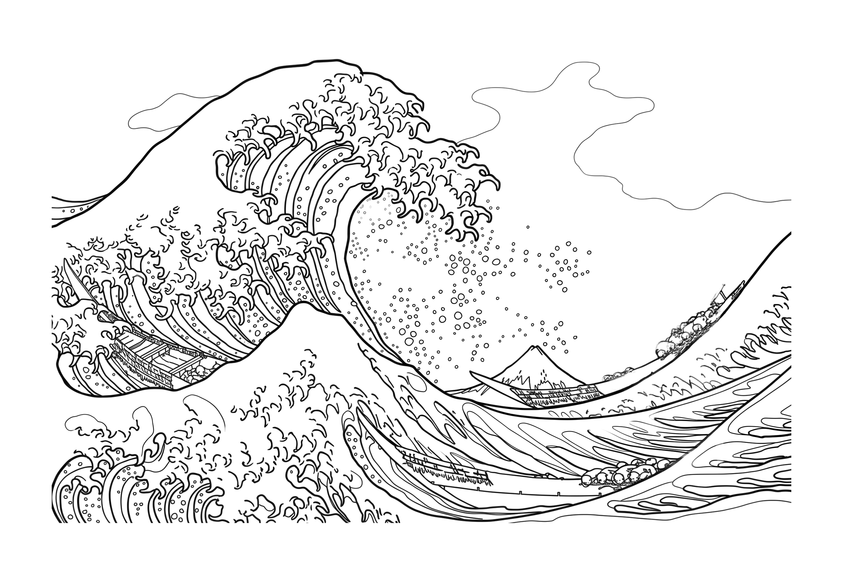 富嶽三十六景 神奈川沖浪裏の塗り絵イラスト 白黒線画 印刷用(無料)