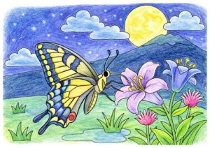 月夜のアゲハ蝶の塗り絵イラスト カラー見本（無料・印刷OK）