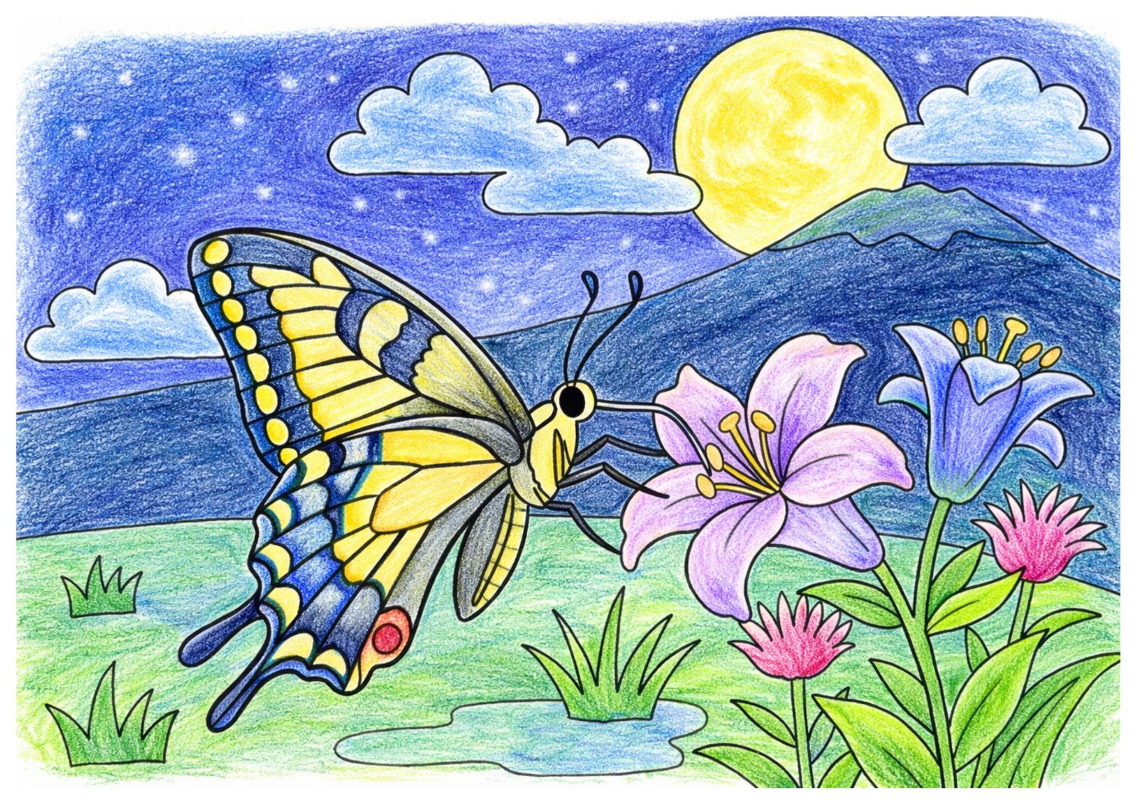 月夜のアゲハ蝶の塗り絵イラスト カラー見本(無料・印刷OK)