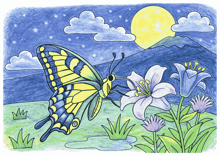 月夜のアゲハ蝶の塗り絵イラスト