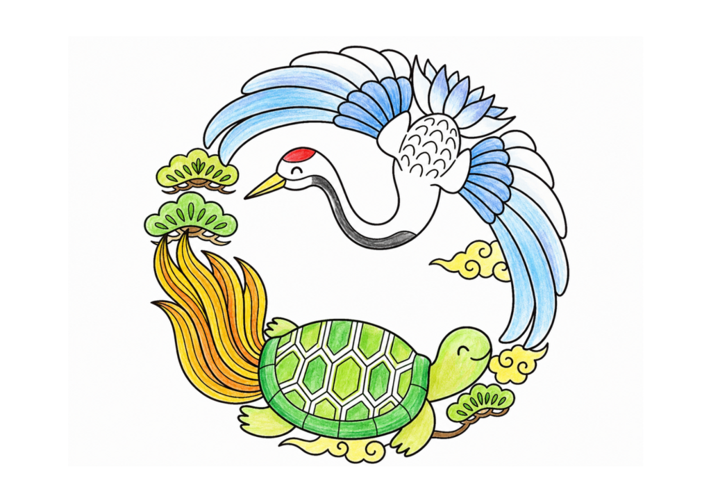 鶴亀敬老の日えんぎものの塗り絵イラスト カラー見本（無料・印刷OK）