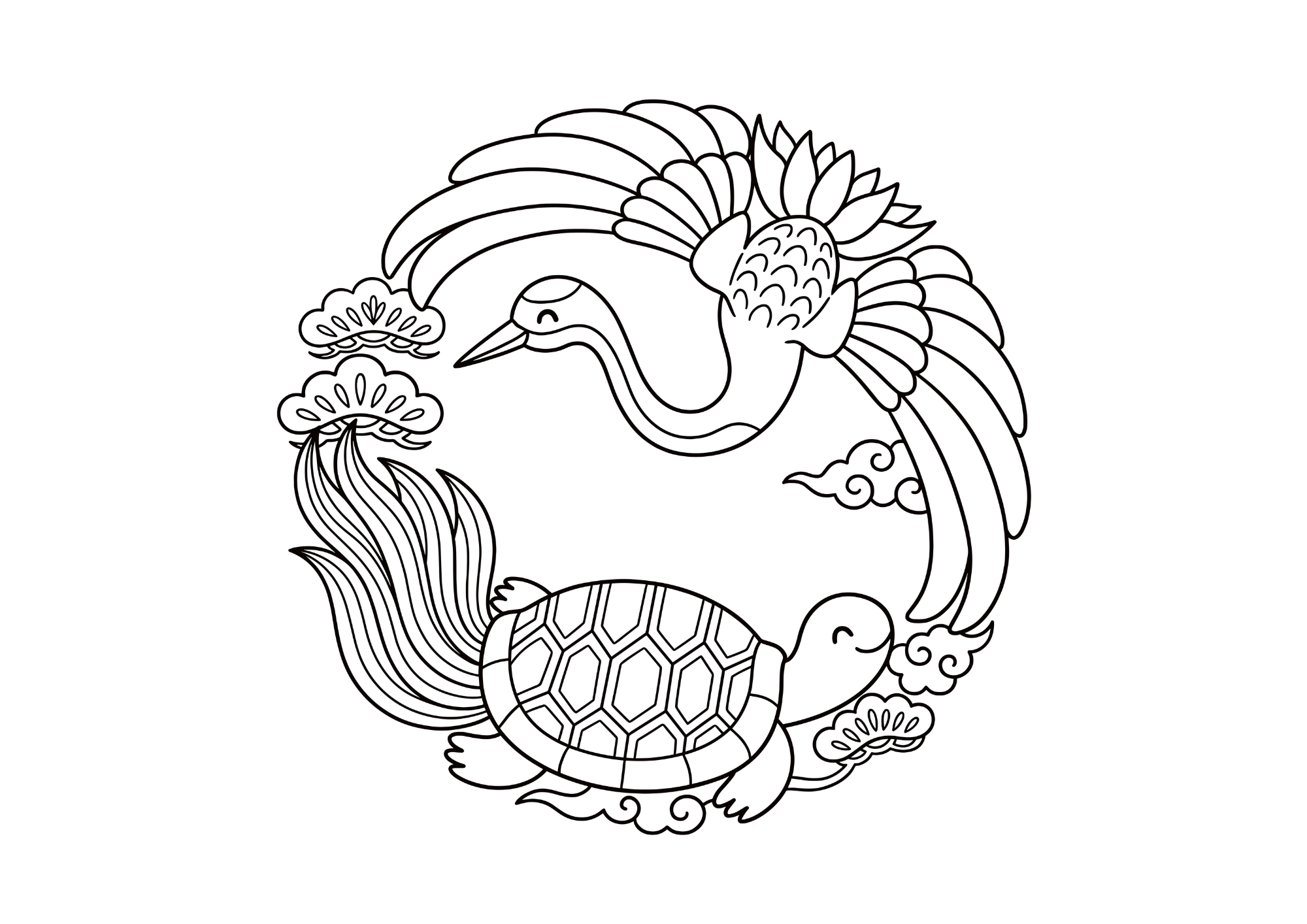 鶴と亀の塗り絵イラスト 白黒線画 印刷用（無料）