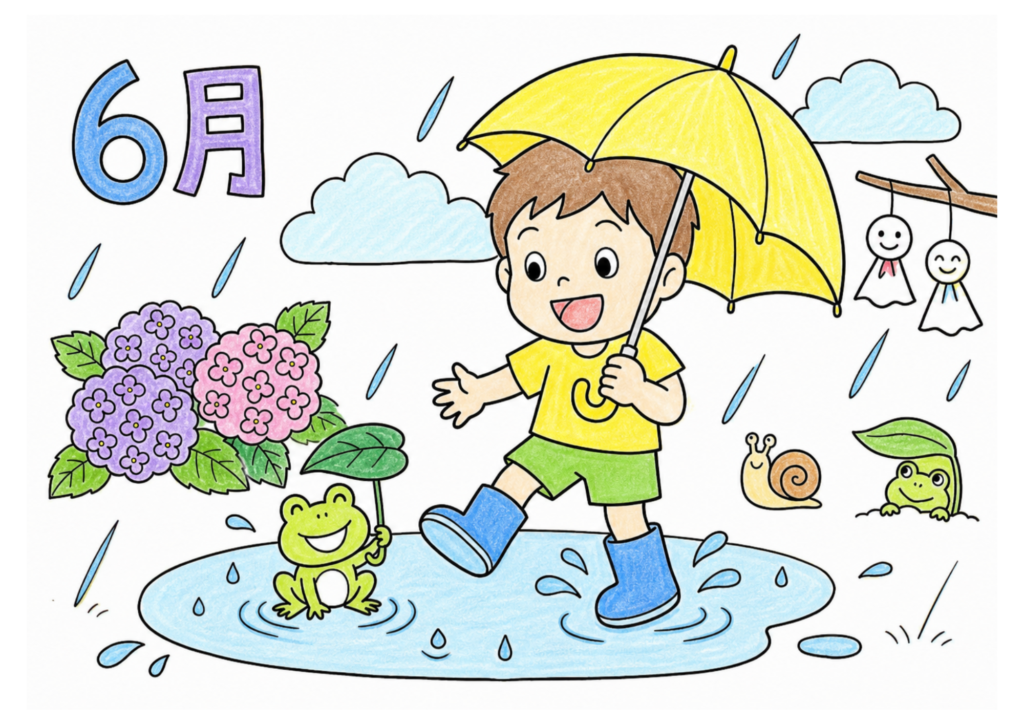 梅雨の男の子とカエルの塗り絵イラスト