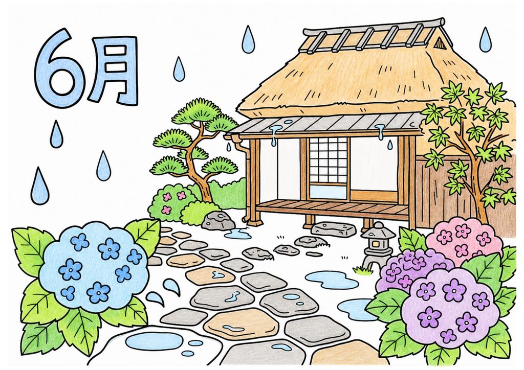 梅雨と茅葺き民家の塗り絵 カラー見本