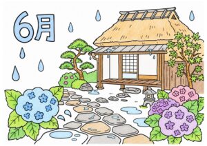 梅雨と茅葺き民家の塗り絵イラスト カラー見本（無料・印刷OK）