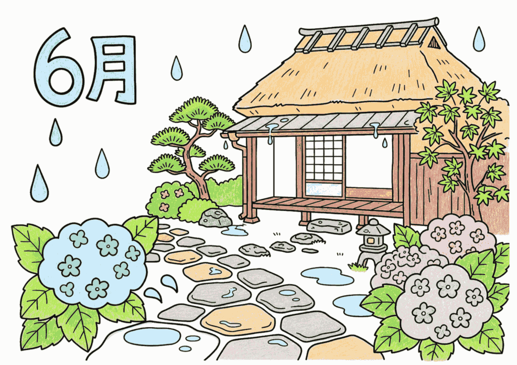 梅雨と茅葺き民家の塗り絵 カラー見本