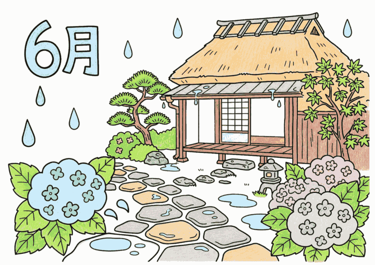 梅雨と茅葺き民家の塗り絵イラスト