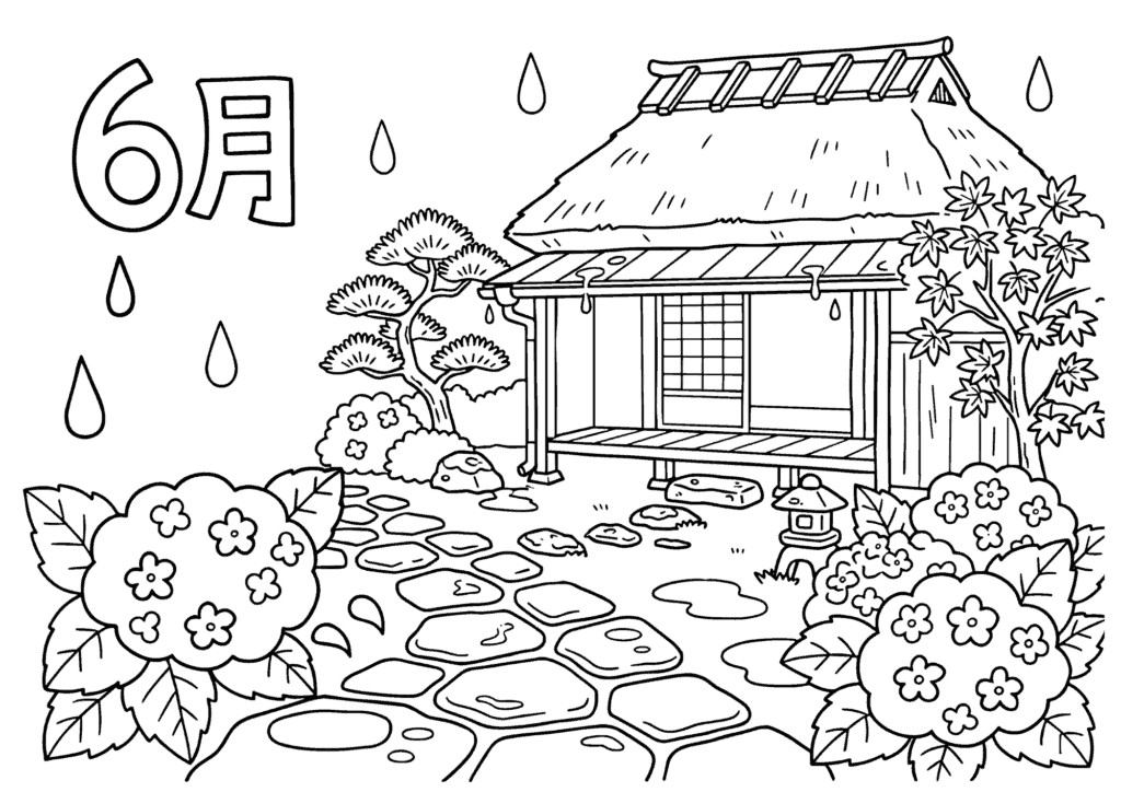 梅雨と茅葺き民家の塗り絵 白黒 無料印刷用