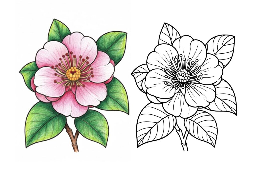 椿（ツバキ）の花の塗り絵イラスト カラー見本（無料・印刷OK）