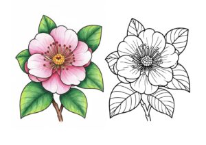 椿（ツバキ）の花の塗り絵イラスト カラー見本（無料・印刷OK）