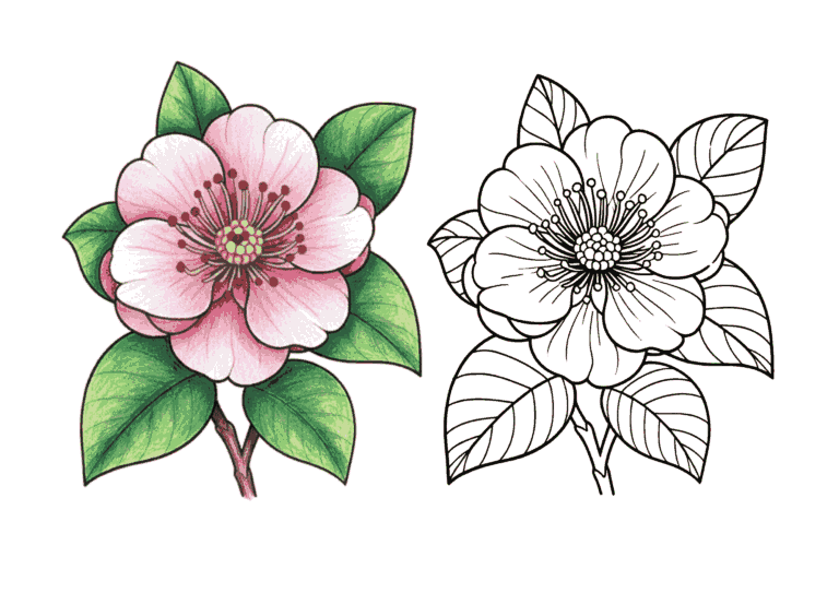 椿（ツバキ）の花の塗り絵イラスト