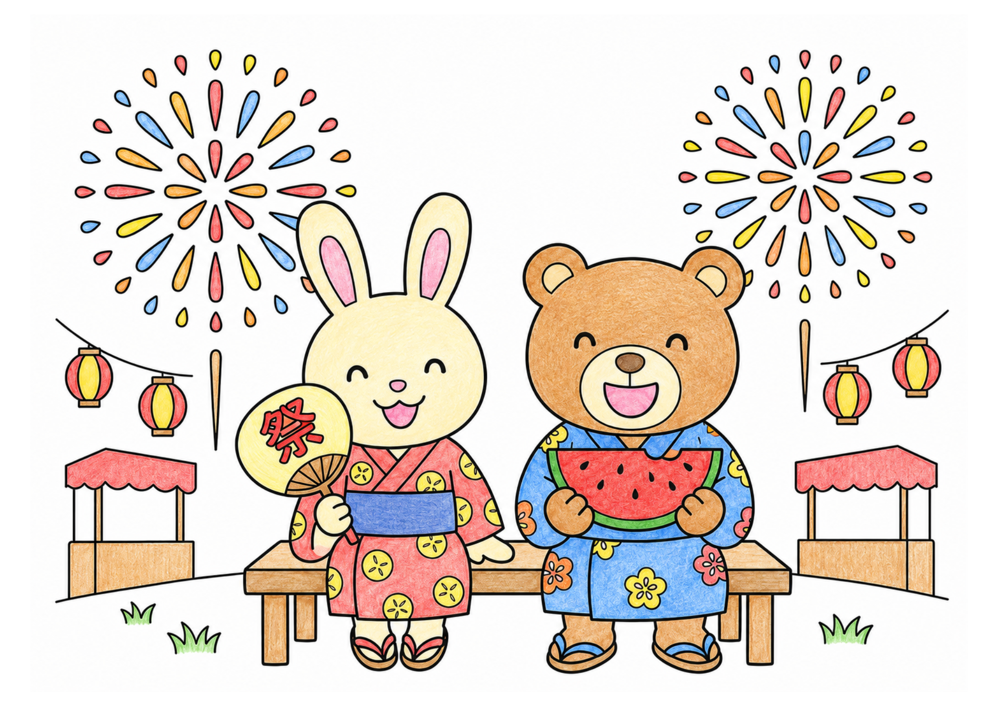 打ち上げ花火と夏祭りの屋台の塗り絵イラスト カラー見本(無料・印刷OK)