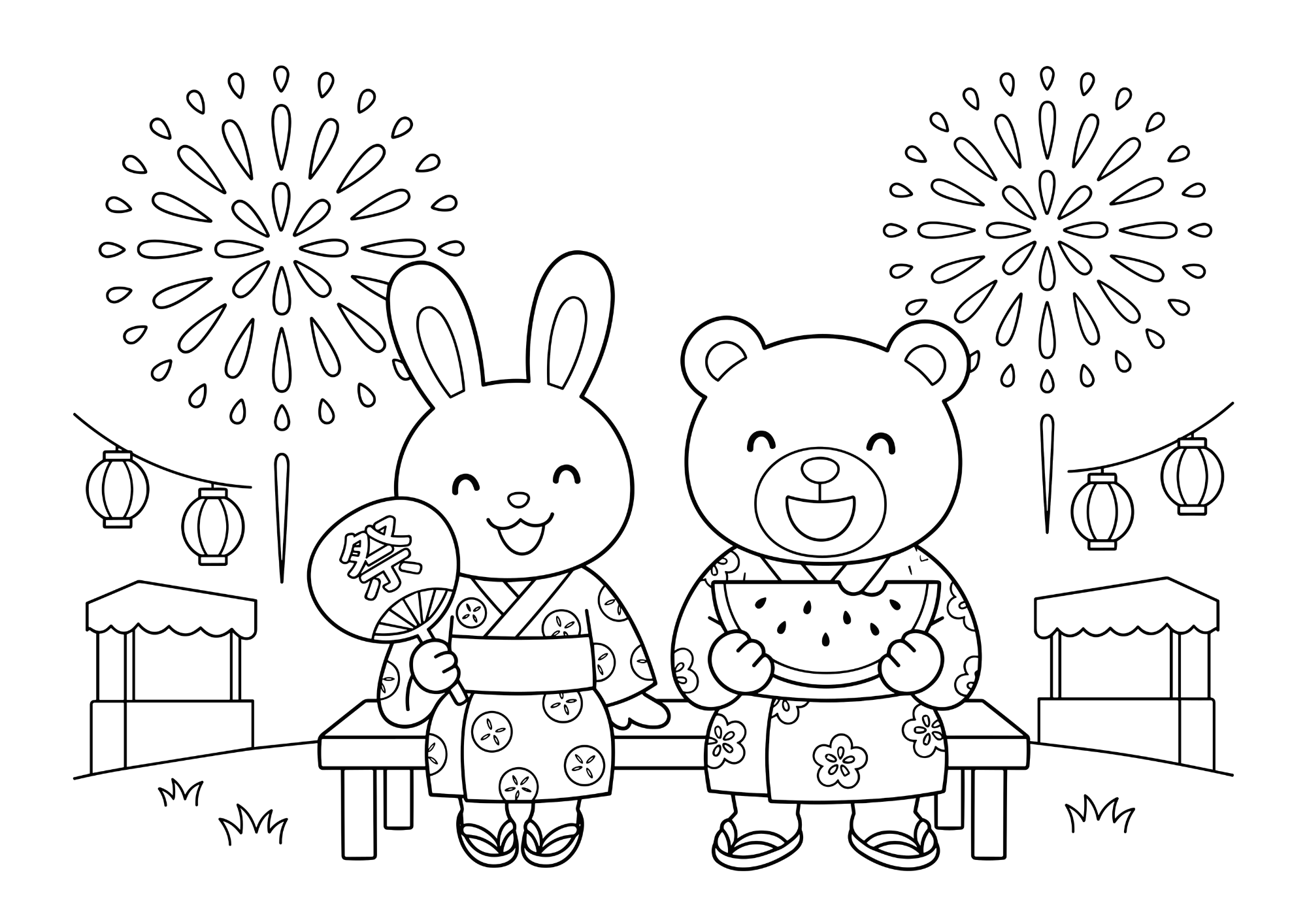 打ち上げ花火と夏祭りの屋台の塗り絵イラスト 白黒線画 印刷用(無料)