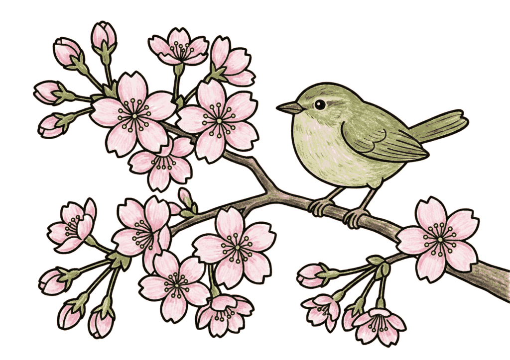 桜とウグイスの無料塗り絵イラスト｜春の花と小鳥｜フリー画像素材ダウンロード
