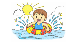 浮き輪でチャプチャプの塗り絵イラスト