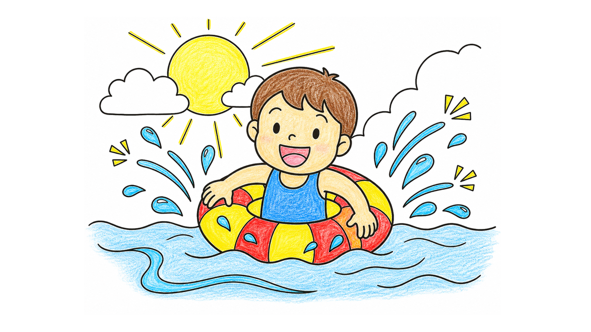 浮き輪でチャプチャプの塗り絵イラスト
