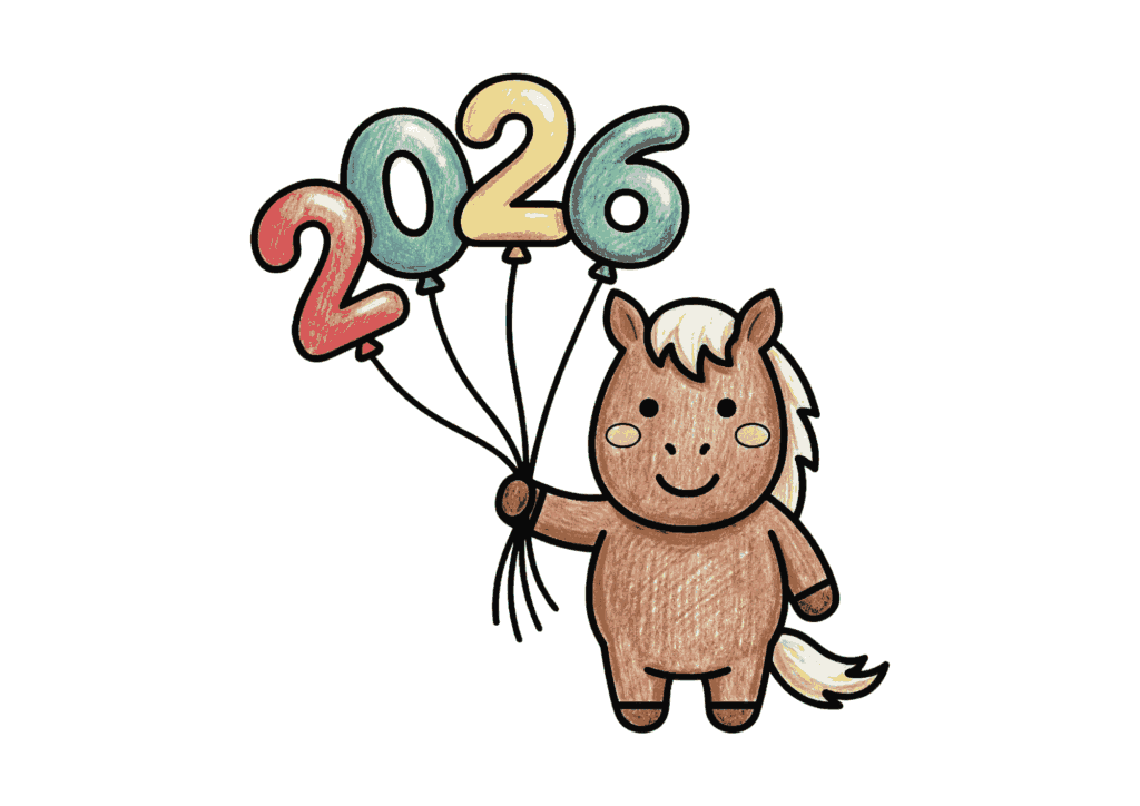 午（うま）の塗り絵イラスト｜2026年干支素材｜無料ダウンロード｜フリー画像｜塗り絵素材