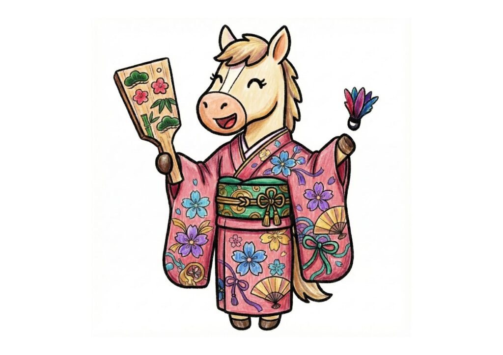 羽子板と着物の馬ぬりえイラストの塗り絵イラスト カラー見本（無料・印刷OK）