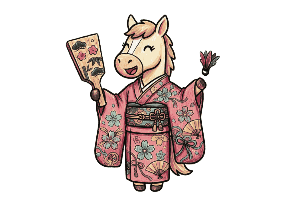 羽子板を持った馬の無料ぬりえイラスト｜子供向け｜簡単でかわいい｜お正月・干支（午）｜ダウンロード