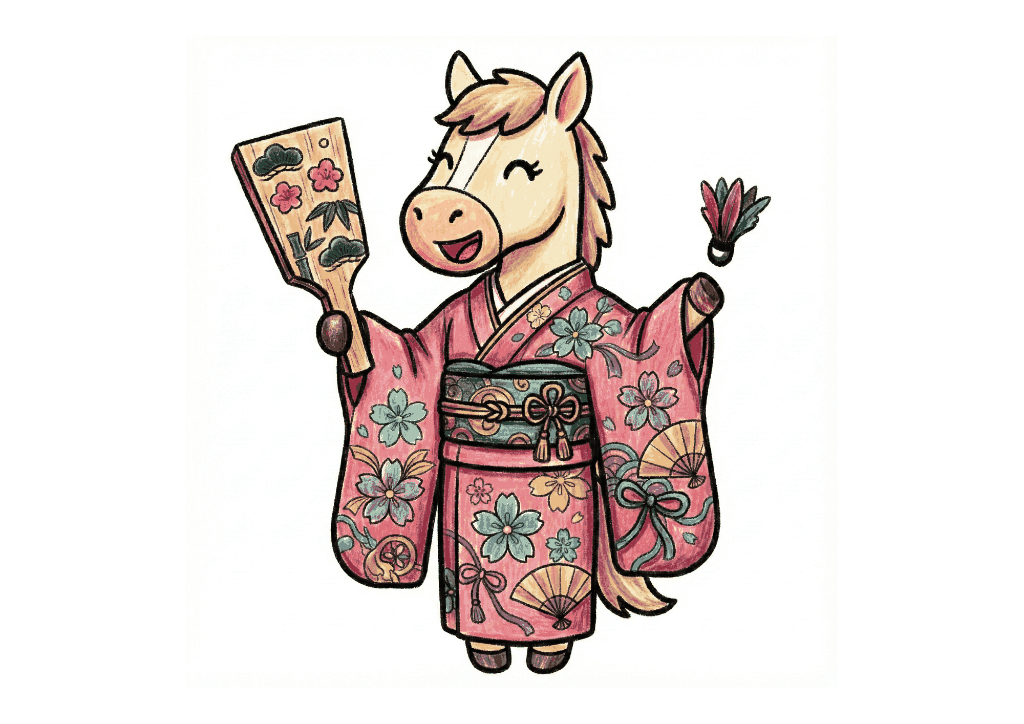 羽子板を持った馬の無料ぬりえイラスト|子供向け|簡単でかわいい|お正月・干支(午)|ダウンロード