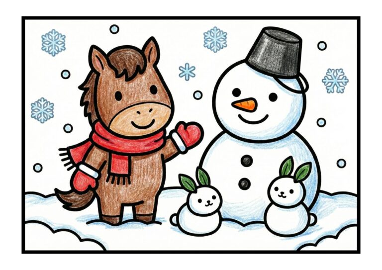 馬と雪だるまのぬりえイラストの塗り絵イラスト
