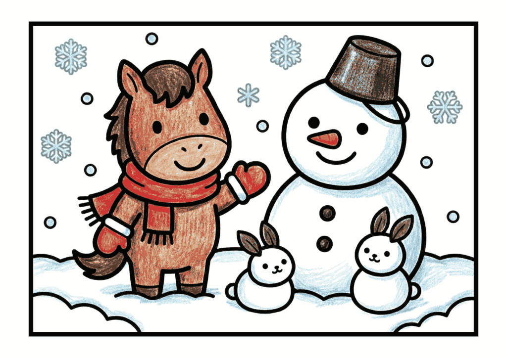 馬と雪だるまのぬりえPDF｜無料ダウンロード｜塗り絵イラスト｜幼児向け冬素材