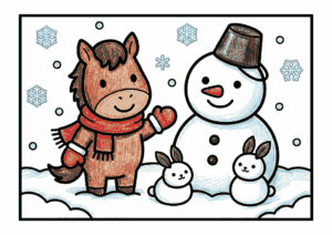 馬と雪だるまのぬりえPDF｜無料ダウンロード｜塗り絵イラスト｜幼児向け冬素材