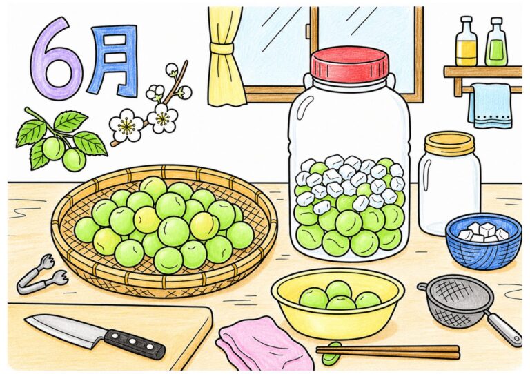 梅の実と梅仕事の塗り絵イラスト