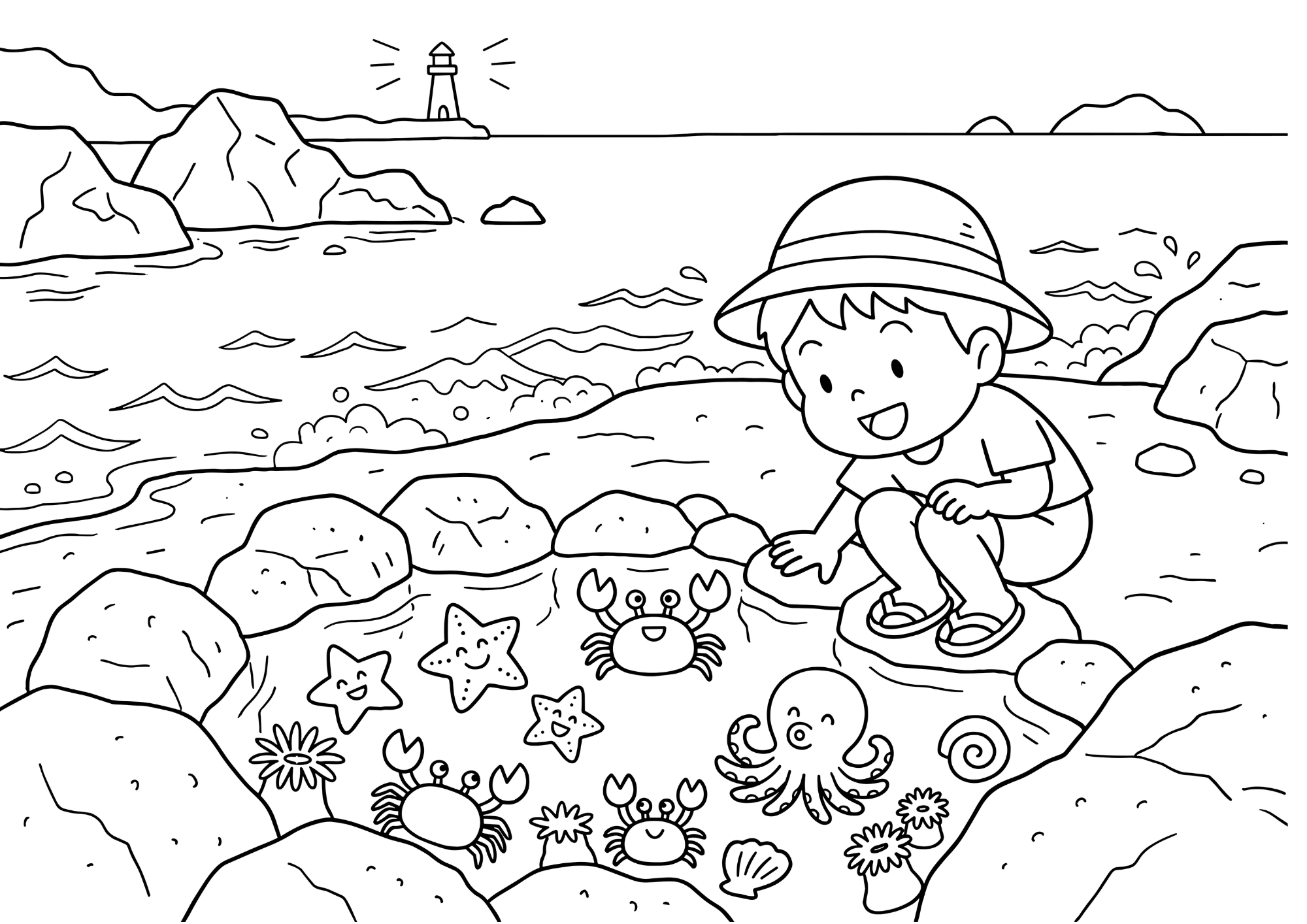 海の水遊びと生き物の塗り絵 白黒