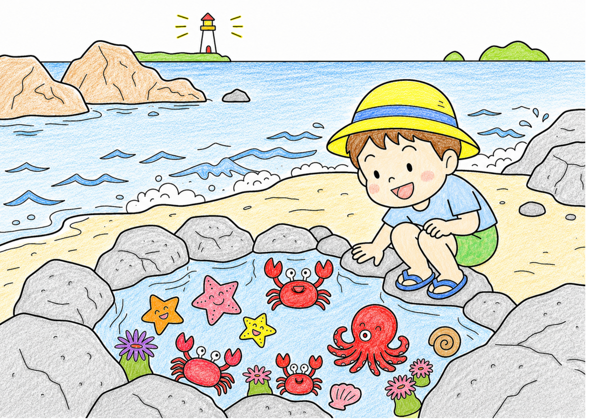 海の水遊びと生き物の塗り絵 カラー見本