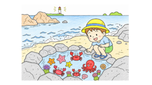 海で水遊び・海の生き物の塗り絵イラスト