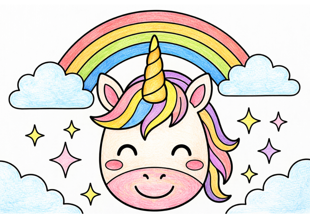 虹と輝くユニコーンの塗り絵イラスト