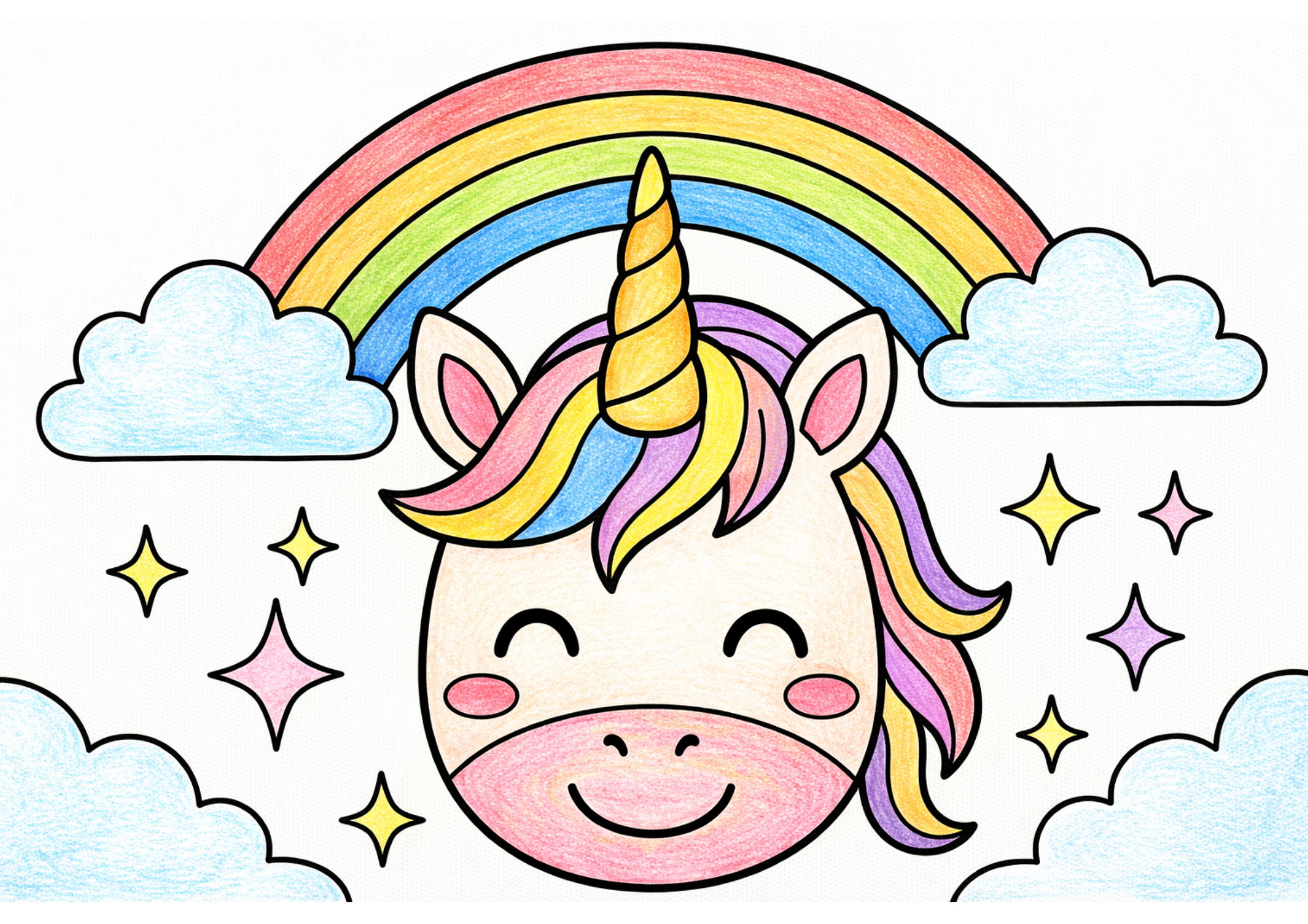 ユニコーン（虹）の塗り絵カラー見本、子供向け無料イラスト