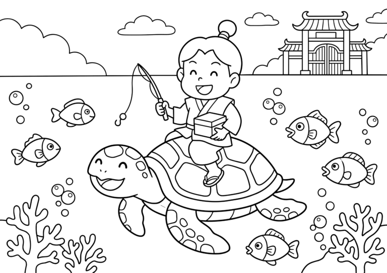 浦島太郎の塗り絵イラスト 白黒線画 印刷用(無料)