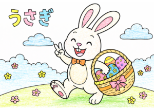 バスケットを持つうさぎの塗り絵イラスト