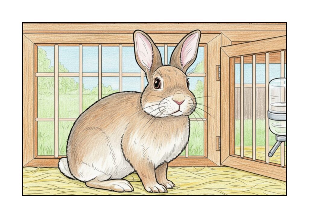 ゲージの中のうさぎの塗り絵イラスト カラー見本（無料・印刷OK）