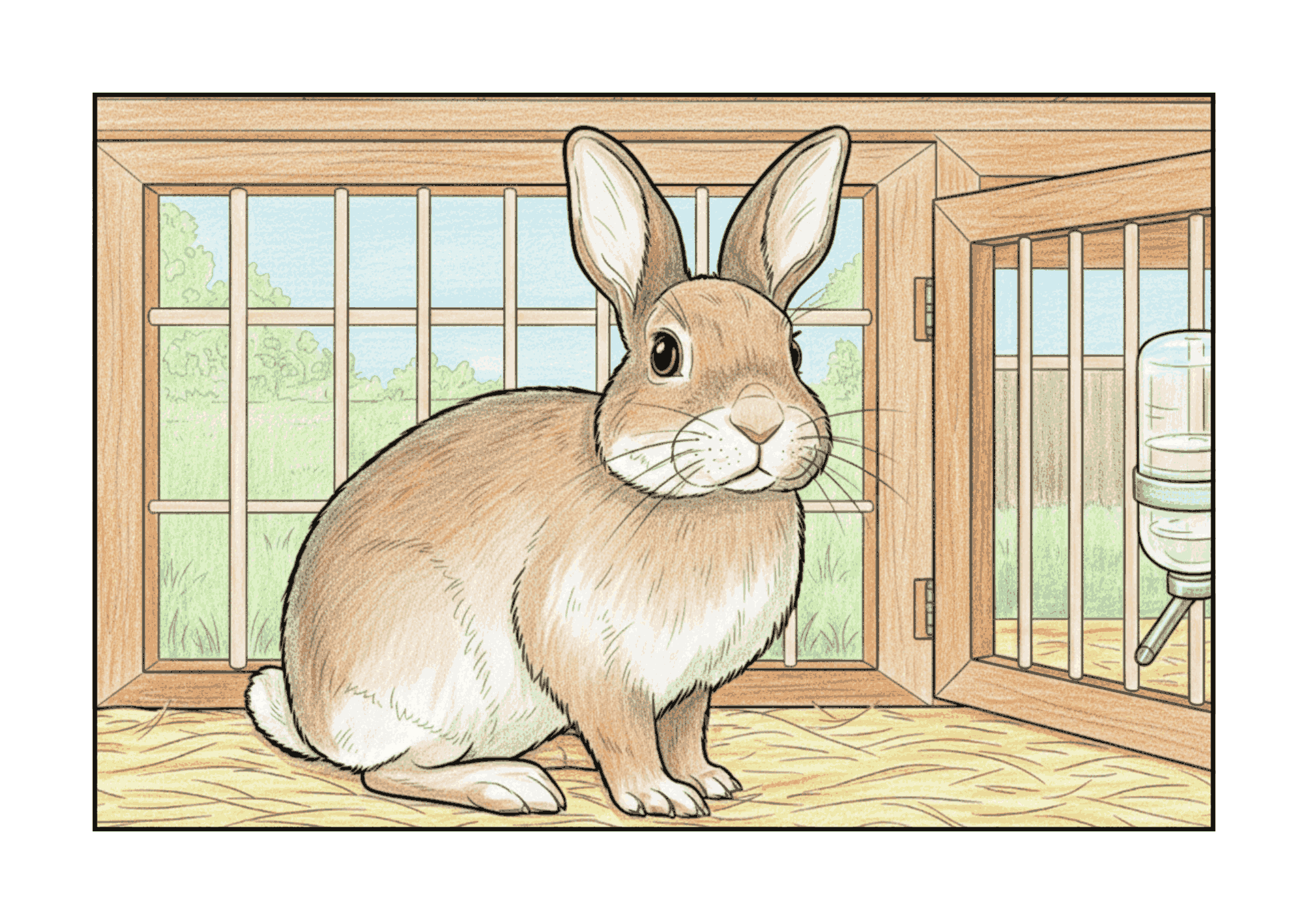 ゲージの中のうさぎの無料ぬりえイラスト|高齢者向け|簡単・リアル・かわいい|ダウンロード