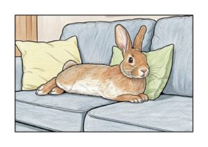 ソファーでくつろぐうさぎの塗り絵イラスト カラー見本（無料・印刷OK）