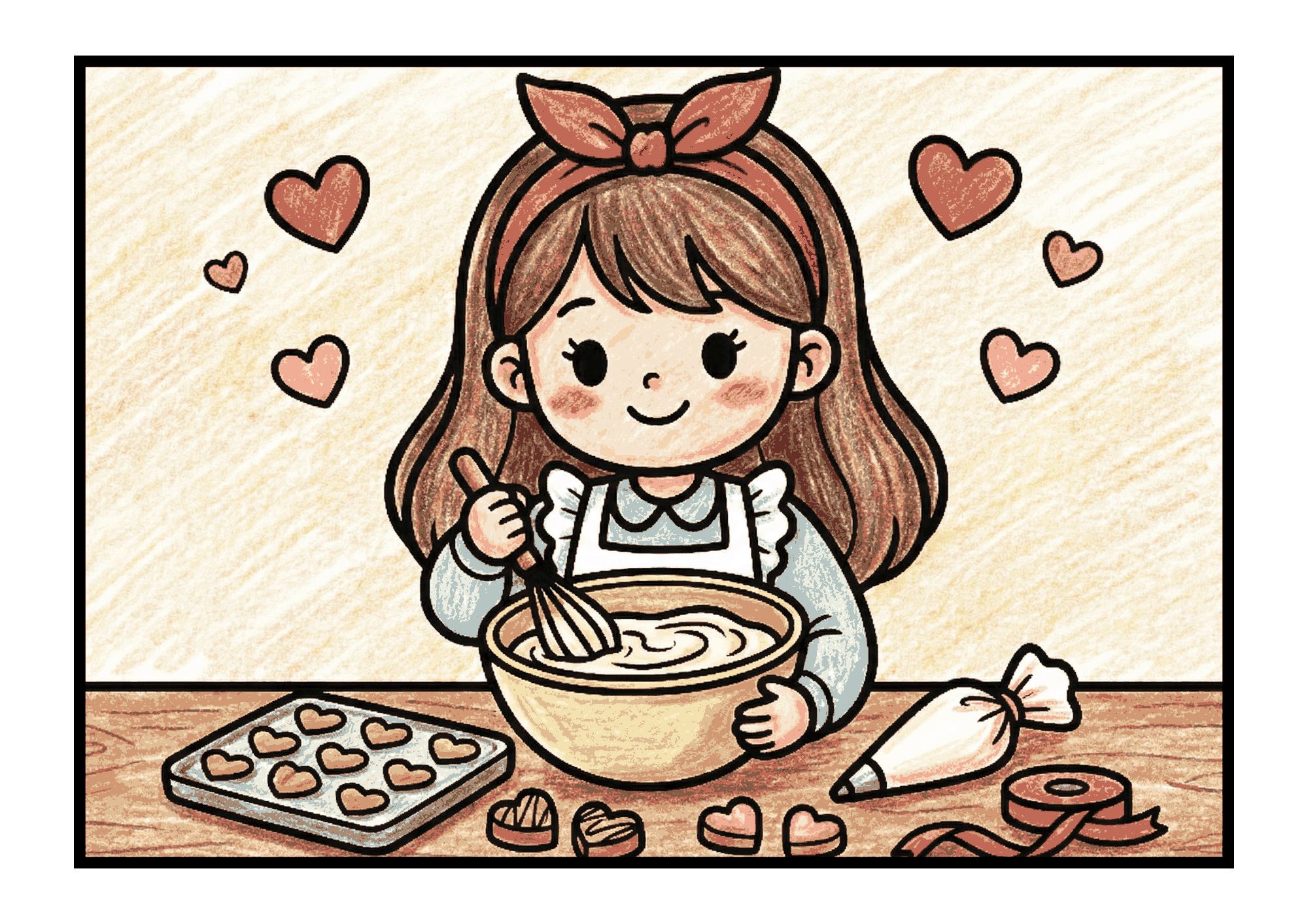 バレンタインのチョコ作りイラスト｜無料ダウンロード｜塗り絵イラスト｜フリー画像｜素材