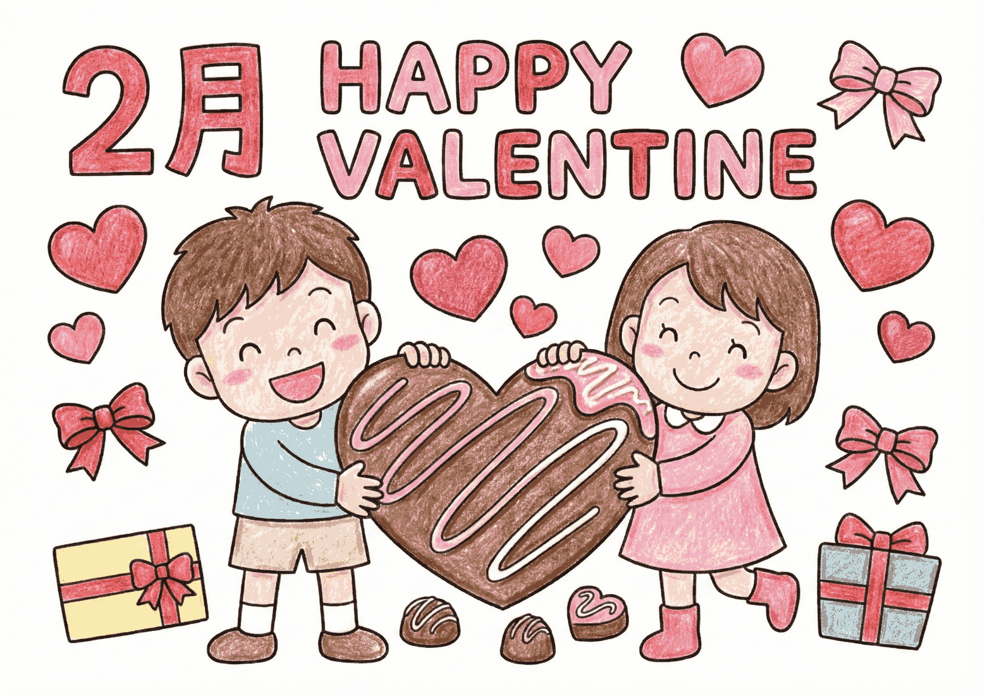 2月のバレンタインをテーマにした子ども向け塗り絵画像|無料ダウンロードできる白黒イラストのフリー画像素材