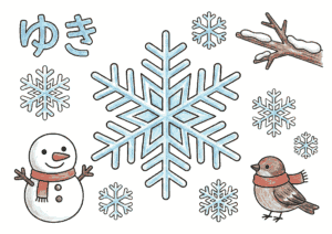 冬の雪の結晶と雪だるまの塗り絵画像｜無料ダウンロード｜白黒イラスト｜フリー画像素材