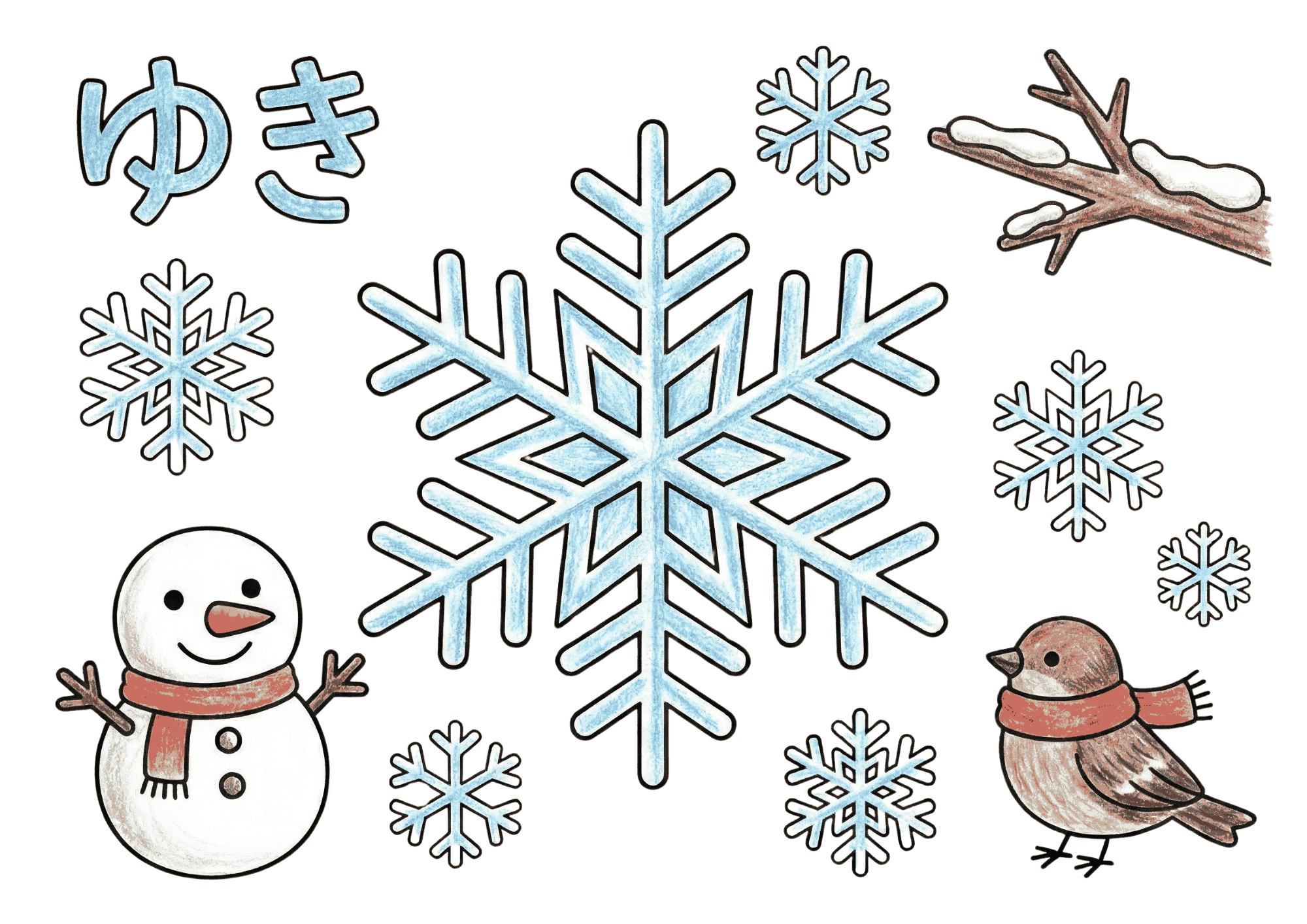 冬の雪の結晶と雪だるまの塗り絵画像|無料ダウンロード|白黒イラスト|フリー画像素材