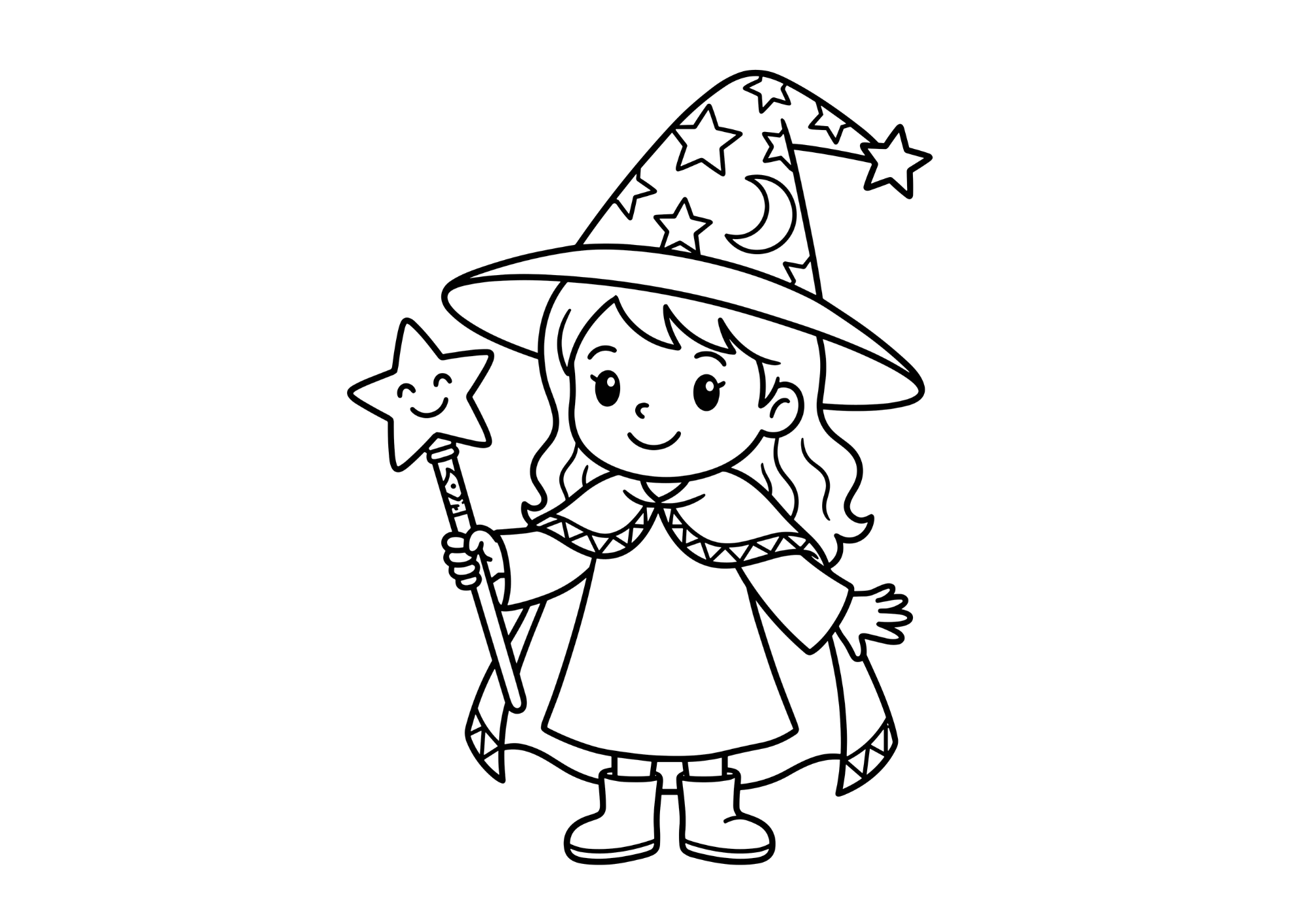 まじょ（魔女）の塗り絵白黒、子供向け無料印刷