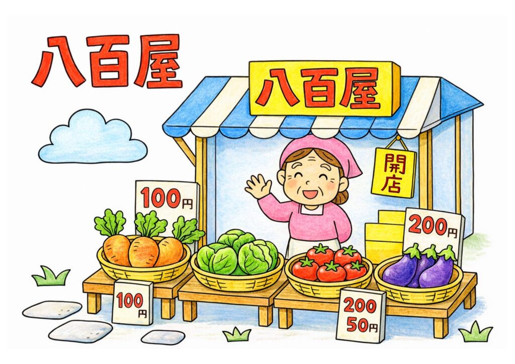 八百屋さんの塗り絵イラスト カラー見本（無料・印刷OK）