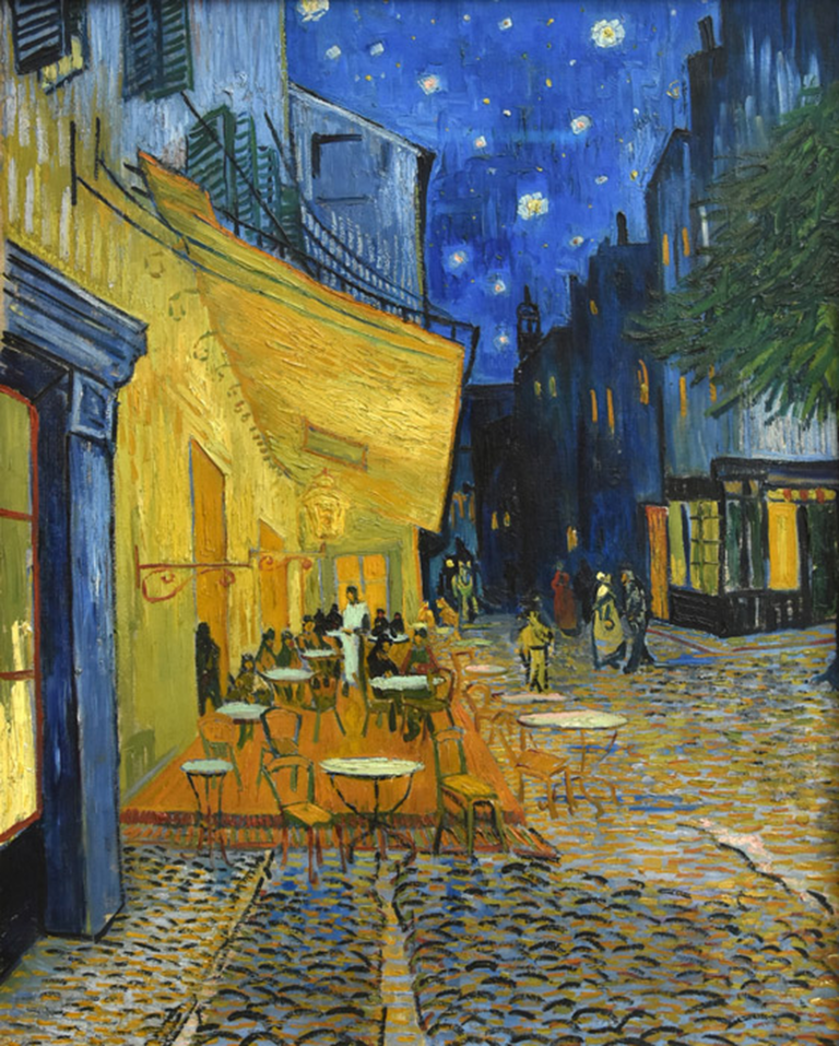 夜のカフェテラスの塗り絵イラスト カラー見本（無料・印刷OK）