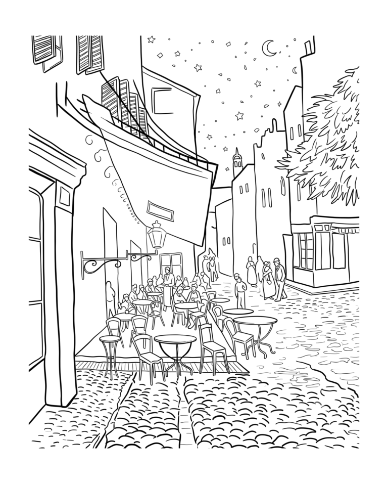夜のカフェテラスの塗り絵イラスト 白黒線画 印刷用（無料）