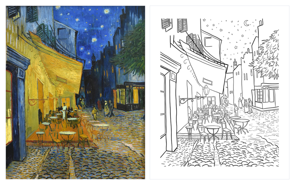 夜のカフェテラスの塗り絵イラスト カラー見本と白黒線画