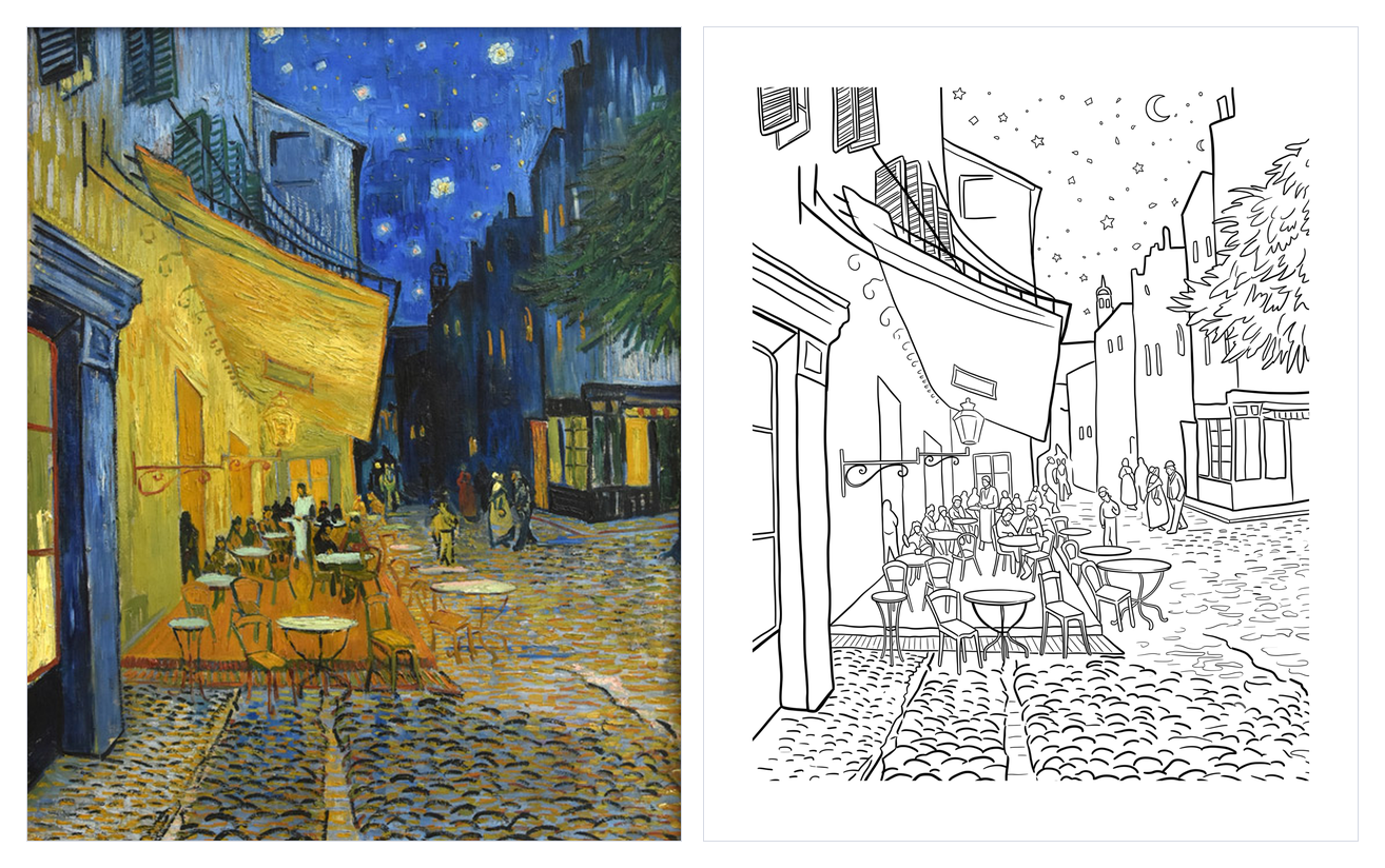 夜のカフェテラスの塗り絵イラスト カラー見本と白黒線画